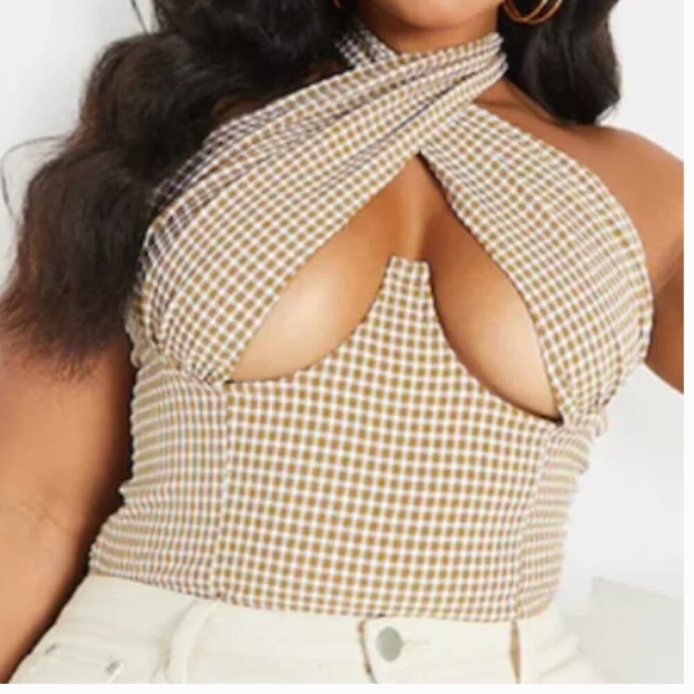 ⭐️ Brown Woven Check Print Cross Over Zip Party Glam Girly Sexy Chic Baddie Top